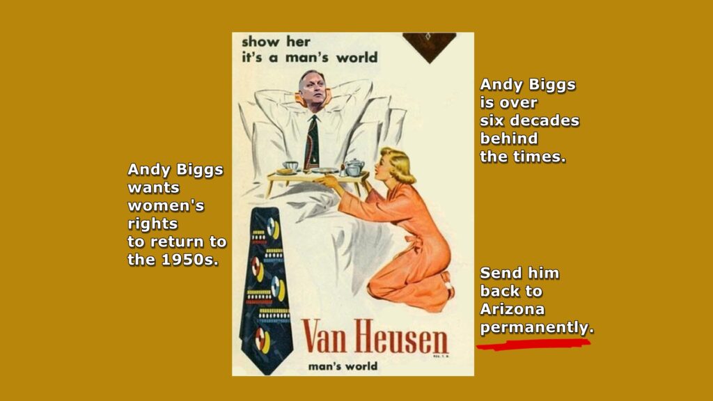 Rep. Andy Biggs is consistent. He has voted against a woman’s right to control her own body for over 10 years. He longs for a return to the 1950s. Arizona voters need to boot him out of Congress in November.