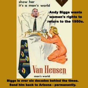 Rep. Andy Biggs is consistent. He has voted against a woman’s right to control her own body for over 10 years. He longs for a return to the 1950s. Arizona voters need to boot him out of Congress in November.